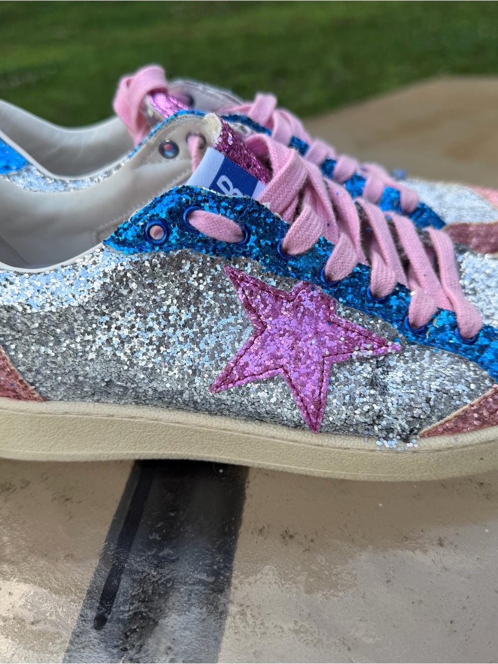 Golden Goose Silver Glitter Sneakers with Pink Star and Blue & Pink Accents - Picture 13 of 16